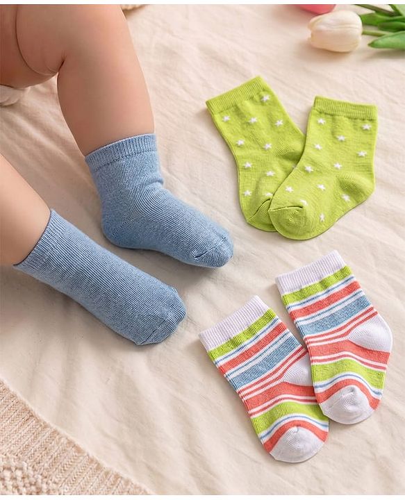 Cute Walk by Babyhug Knit Ankle Length Socks With Star Design Pack of 3 - Green & Grey