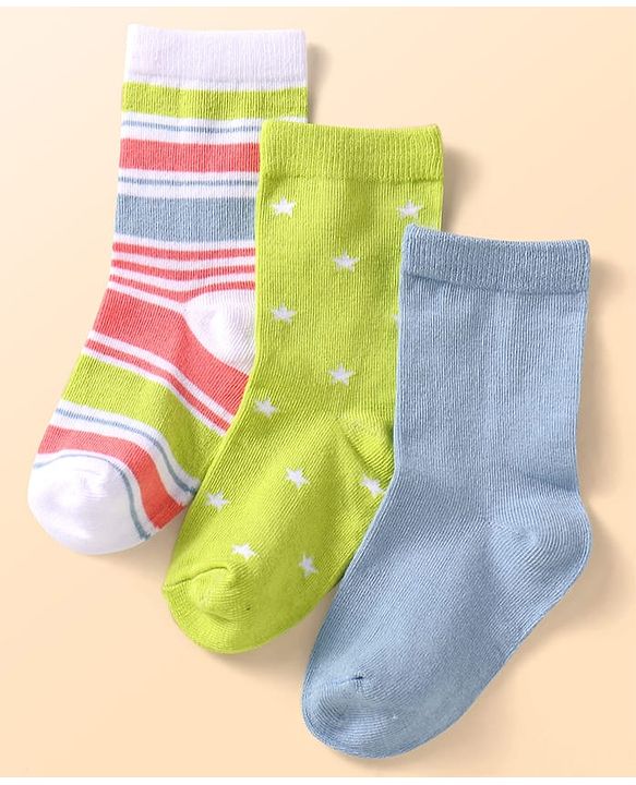Cute Walk by Babyhug Knit Ankle Length Socks With Star Design Pack of 3 - Green & Grey