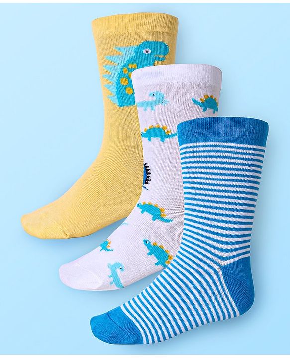 Cute Walk by Babyhug Cotton Lycra Knit Anti-bacterial Socks Strips & Dinosaur Design Pack of 3 - Yellow White & Blue
