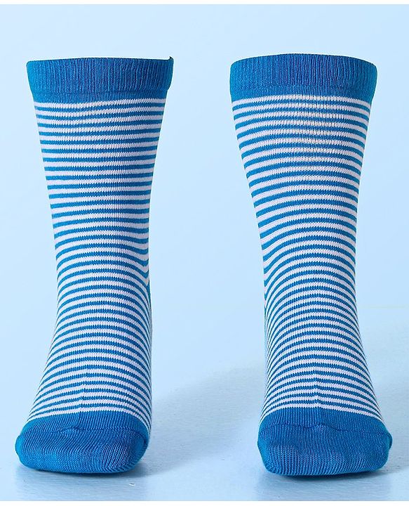 Cute Walk by Babyhug Cotton Lycra Knit Anti-bacterial Socks Strips & Dinosaur Design Pack of 3 - Yellow White & Blue