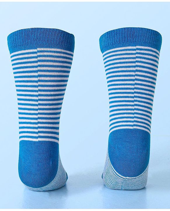 Cute Walk by Babyhug Cotton Lycra Knit Anti-bacterial Socks Strips & Dinosaur Design Pack of 3 - Yellow White & Blue