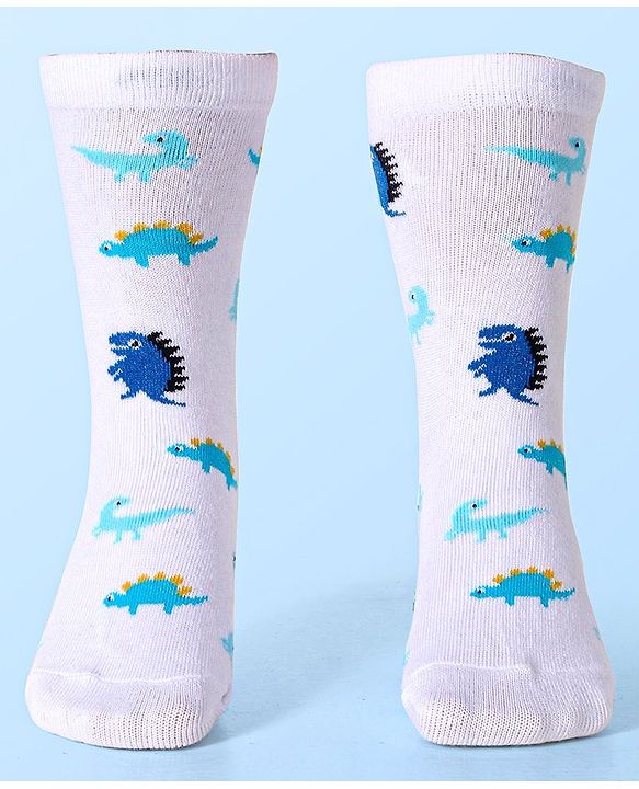 Cute Walk by Babyhug Cotton Lycra Knit Anti-bacterial Socks Strips & Dinosaur Design Pack of 3 - Yellow White & Blue