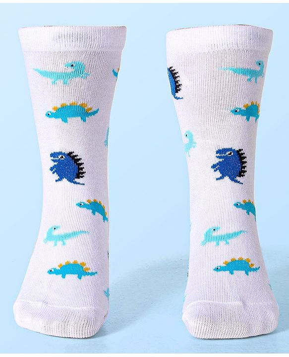 Cute Walk by Babyhug Cotton Lycra Knit Anti-bacterial Socks Strips & Dinosaur Design Pack of 3 - Yellow White & Blue