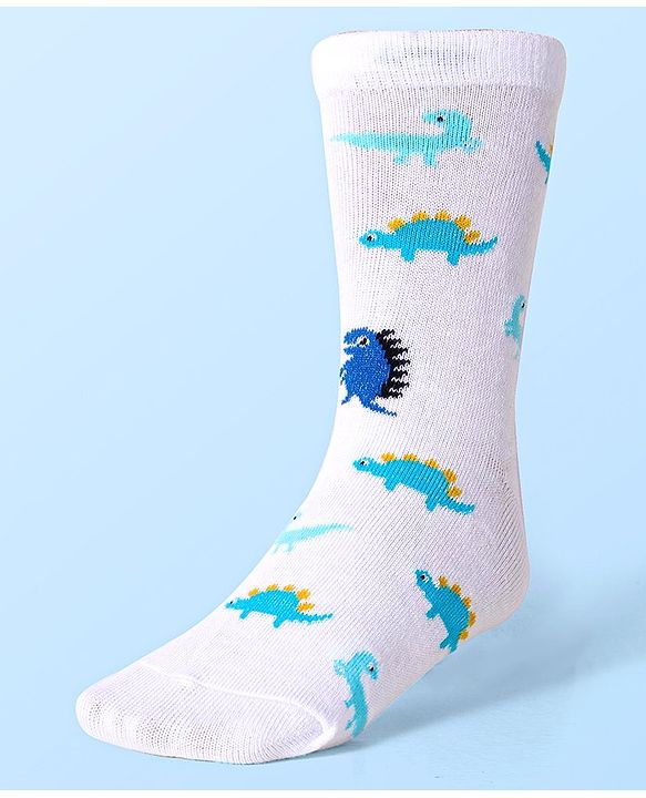 Cute Walk by Babyhug Cotton Lycra Knit Anti-bacterial Socks Strips & Dinosaur Design Pack of 3 - Yellow White & Blue