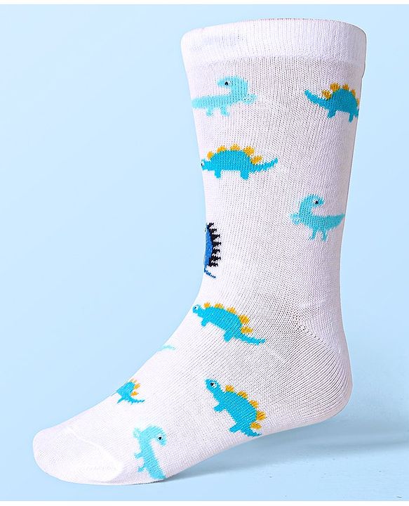 Cute Walk by Babyhug Cotton Lycra Knit Anti-bacterial Socks Strips & Dinosaur Design Pack of 3 - Yellow White & Blue