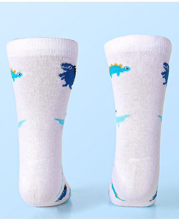 Cute Walk by Babyhug Cotton Lycra Knit Anti-bacterial Socks Strips & Dinosaur Design Pack of 3 - Yellow White & Blue