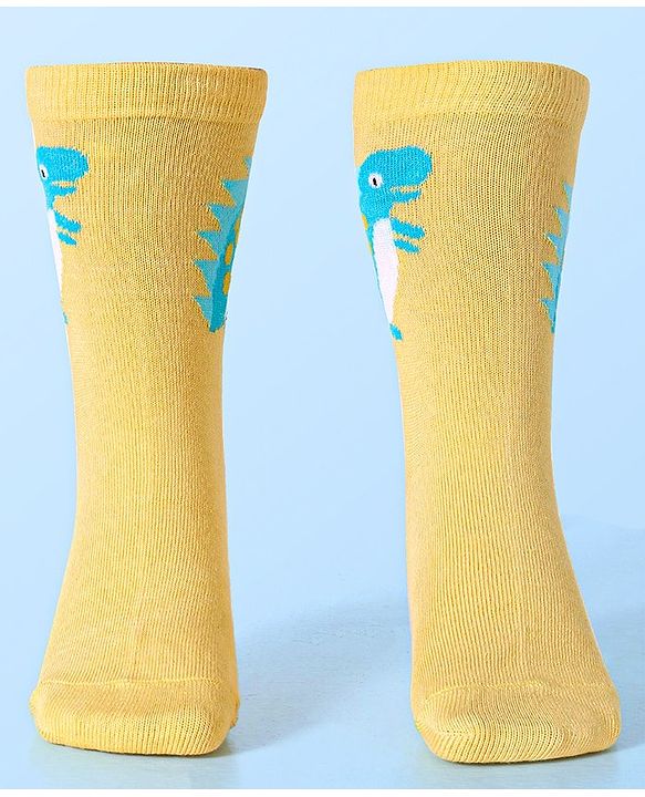 Cute Walk by Babyhug Cotton Lycra Knit Anti-bacterial Socks Strips & Dinosaur Design Pack of 3 - Yellow White & Blue