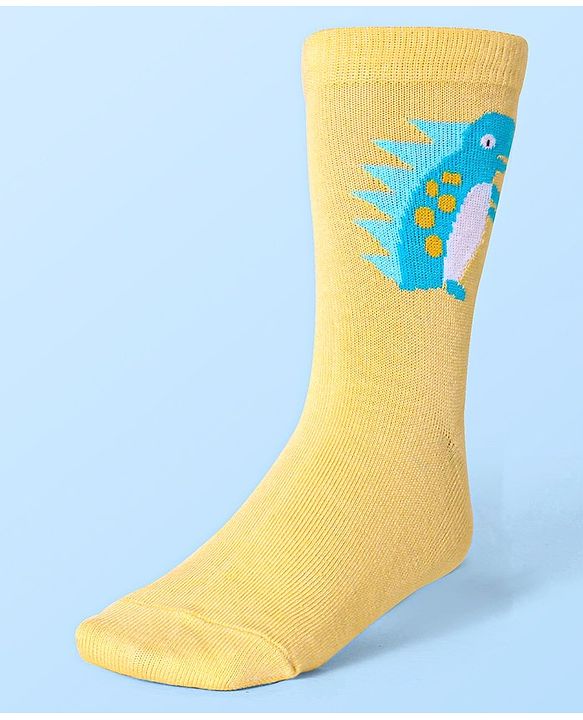 Cute Walk by Babyhug Cotton Lycra Knit Anti-bacterial Socks Strips & Dinosaur Design Pack of 3 - Yellow White & Blue