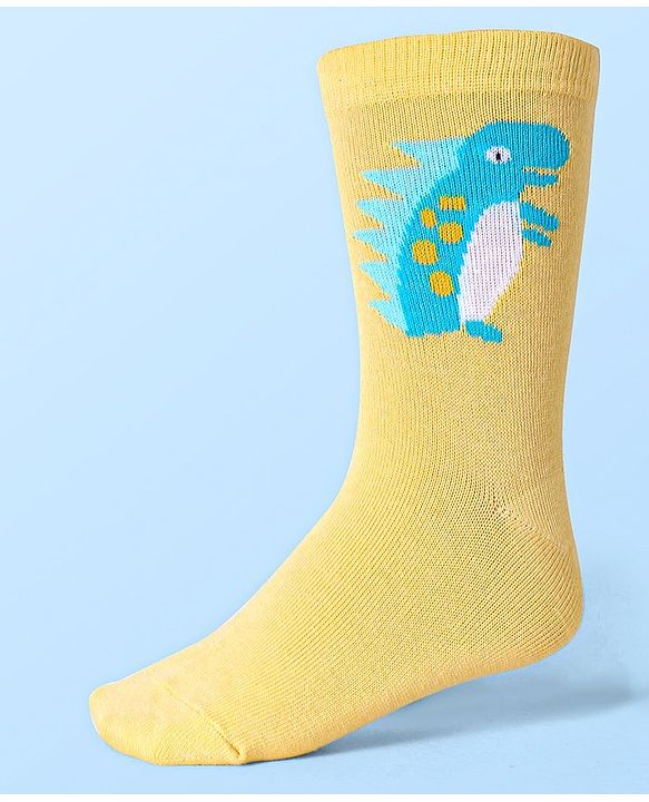 Cute Walk by Babyhug Cotton Lycra Knit Anti-bacterial Socks Strips & Dinosaur Design Pack of 3 - Yellow White & Blue