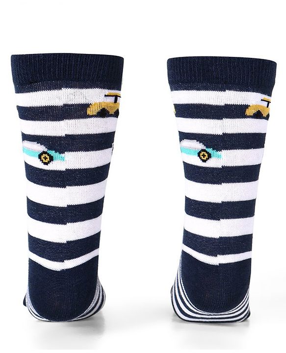 Cute Walk by Babyhug Cotton Lycra Knit Anti-bacterial Socks Strips Stars & Car Design Pack of 3 - Light Blue & Black