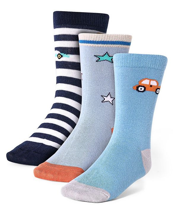 Cute Walk by Babyhug Cotton Lycra Knit Anti-bacterial Socks Strips Stars & Car Design Pack of 3 - Light Blue & Black