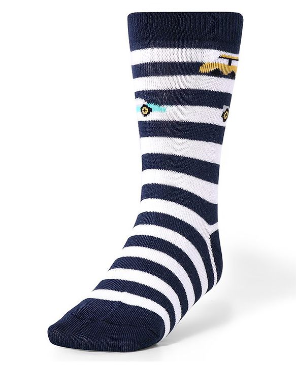 Cute Walk by Babyhug Cotton Lycra Knit Anti-bacterial Socks Strips Stars & Car Design Pack of 3 - Light Blue & Black