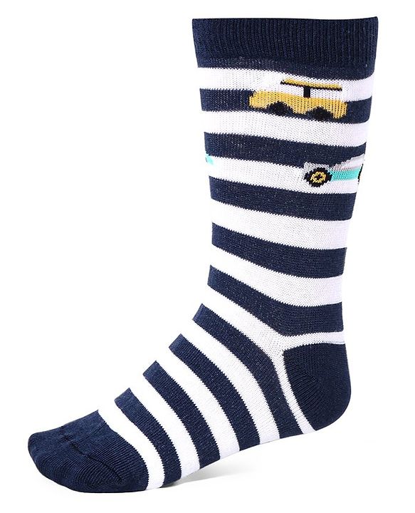 Cute Walk by Babyhug Cotton Lycra Knit Anti-bacterial Socks Strips Stars & Car Design Pack of 3 - Light Blue & Black