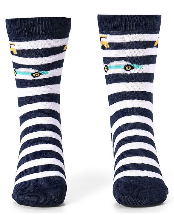 Cute Walk by Babyhug Cotton Lycra Knit Anti-bacterial Socks Strips Stars & Car Design Pack of 3 - Light Blue & Black