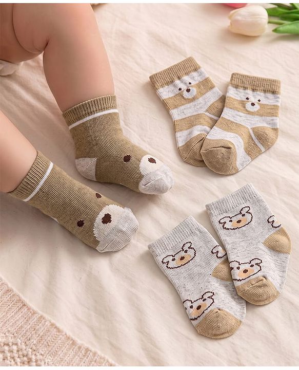 Cute Walk by Babyhug Knit Ankle Length Antibacterial Socks with Bear Design Pack of 3 - Tan