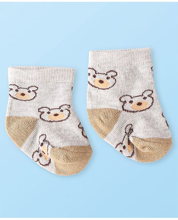 Cute Walk by Babyhug Knit Ankle Length Antibacterial Socks with Bear Design Pack of 3 - Tan