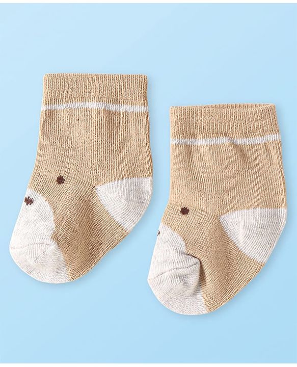 Cute Walk by Babyhug Knit Ankle Length Antibacterial Socks with Bear Design Pack of 3 - Tan