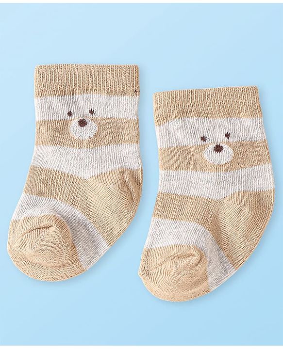 Cute Walk by Babyhug Knit Ankle Length Antibacterial Socks with Bear Design Pack of 3 - Tan