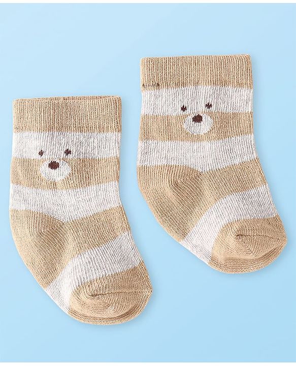Cute Walk by Babyhug Knit Ankle Length Antibacterial Socks with Bear Design Pack of 3 - Tan