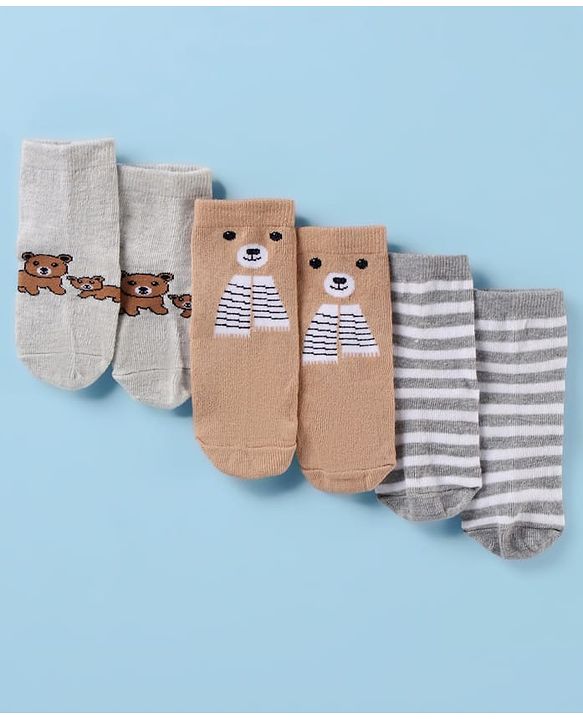 Cute Walk by Babyhug Cotton Knit Antibacterial Ankle Socks With Striped & Bear Print - Brown & Grey