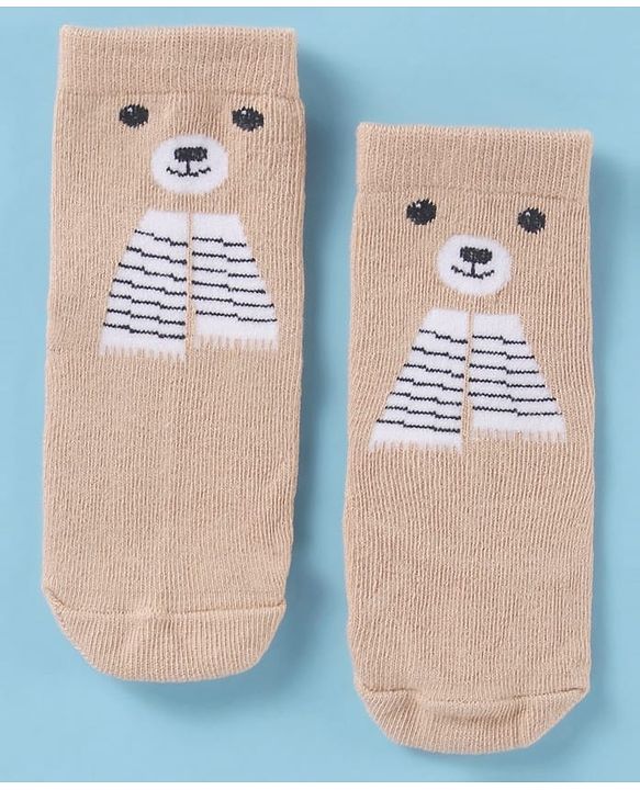 Cute Walk by Babyhug Cotton Knit Antibacterial Ankle Socks With Striped & Bear Print - Brown & Grey