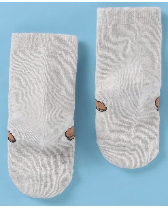 Cute Walk by Babyhug Cotton Knit Antibacterial Ankle Socks With Striped & Bear Print - Brown & Grey