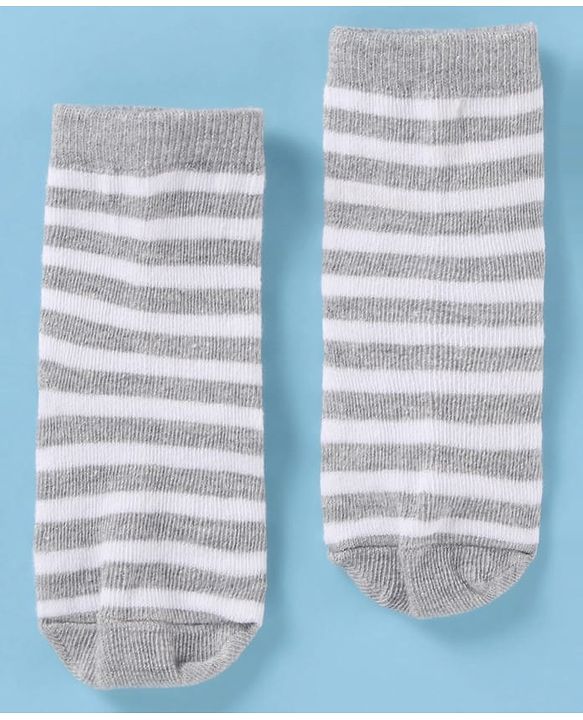 Cute Walk by Babyhug Cotton Knit Antibacterial Ankle Socks With Striped & Bear Print - Brown & Grey