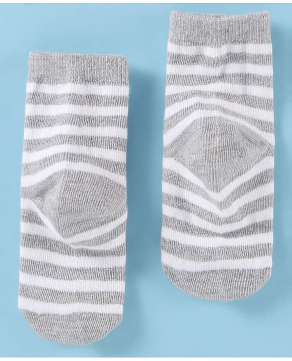 Cute Walk by Babyhug Cotton Knit Antibacterial Ankle Socks With Striped & Bear Print - Brown & Grey