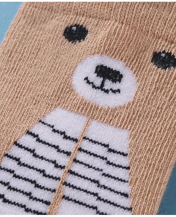 Cute Walk by Babyhug Cotton Knit Antibacterial Ankle Socks With Striped & Bear Print - Brown & Grey