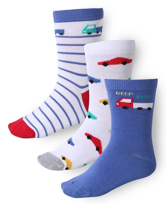 Cute Walk by Babyhug Ankle Length Socks With Vehicle Print Pack of 3 - White & Blue