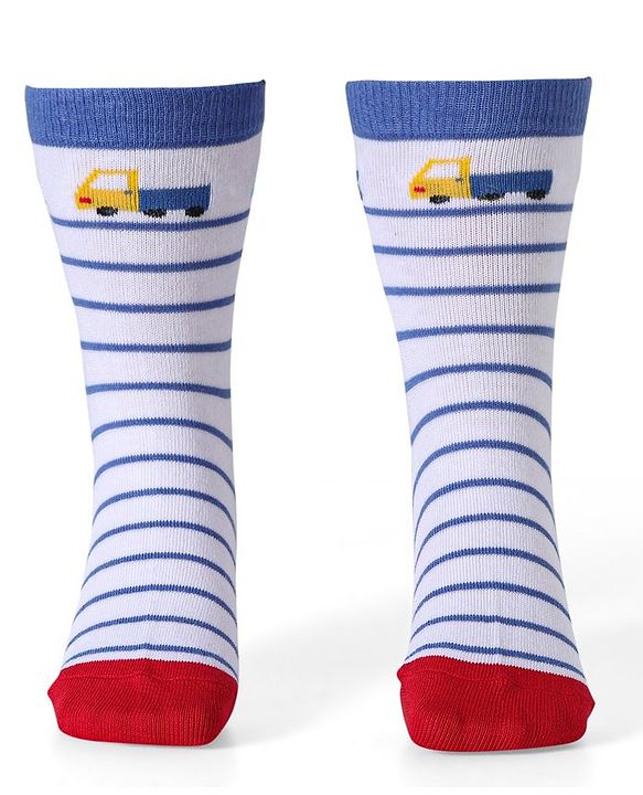 Cute Walk by Babyhug Ankle Length Socks With Vehicle Print Pack of 3 - White & Blue
