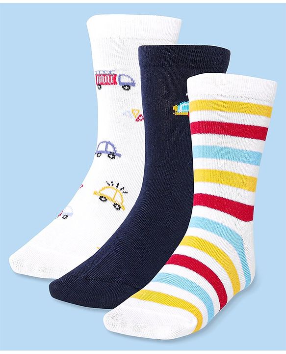 Cute Walk by Babyhug Cotton Lycra Knit Anti-bacterial Socks Strips & Cars Design Pack of 3 - Navy Blue & White
