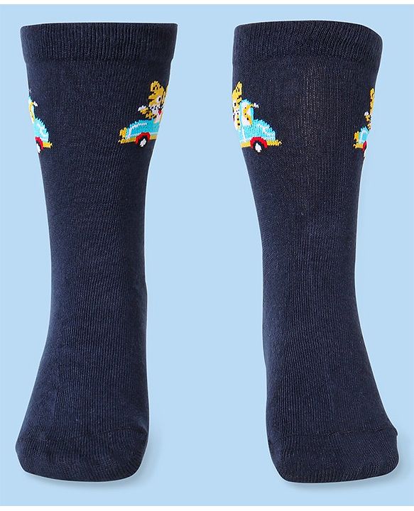 Cute Walk by Babyhug Cotton Lycra Knit Anti-bacterial Socks Strips & Cars Design Pack of 3 - Navy Blue & White