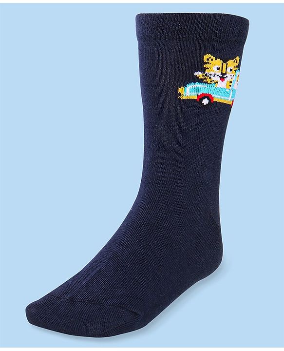 Cute Walk by Babyhug Cotton Lycra Knit Anti-bacterial Socks Strips & Cars Design Pack of 3 - Navy Blue & White