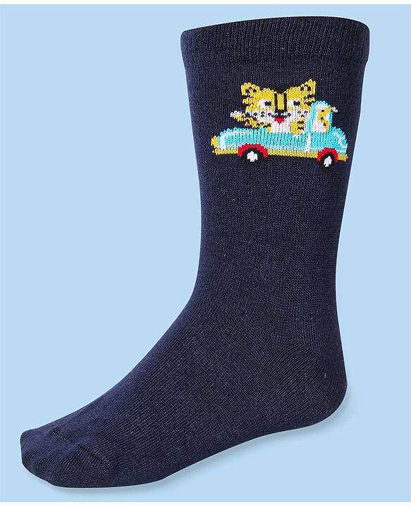 Cute Walk by Babyhug Cotton Lycra Knit Anti-bacterial Socks Strips & Cars Design Pack of 3 - Navy Blue & White