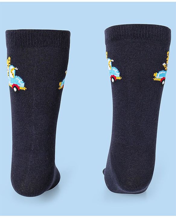 Cute Walk by Babyhug Cotton Lycra Knit Anti-bacterial Socks Strips & Cars Design Pack of 3 - Navy Blue & White
