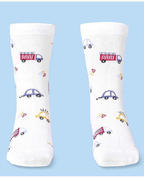 Cute Walk by Babyhug Cotton Lycra Knit Anti-bacterial Socks Strips & Cars Design Pack of 3 - Navy Blue & White