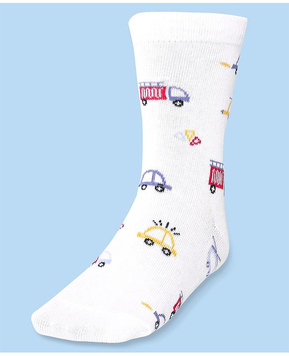 Cute Walk by Babyhug Cotton Lycra Knit Anti-bacterial Socks Strips & Cars Design Pack of 3 - Navy Blue & White