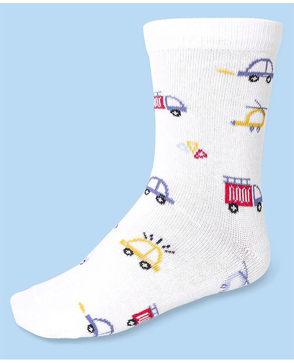 Cute Walk by Babyhug Cotton Lycra Knit Anti-bacterial Socks Strips & Cars Design Pack of 3 - Navy Blue & White