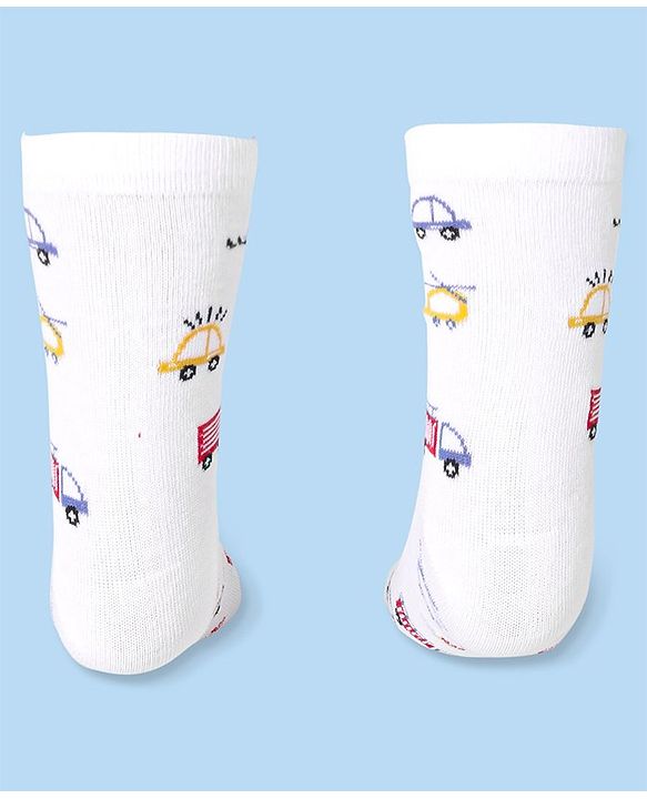 Cute Walk by Babyhug Cotton Lycra Knit Anti-bacterial Socks Strips & Cars Design Pack of 3 - Navy Blue & White