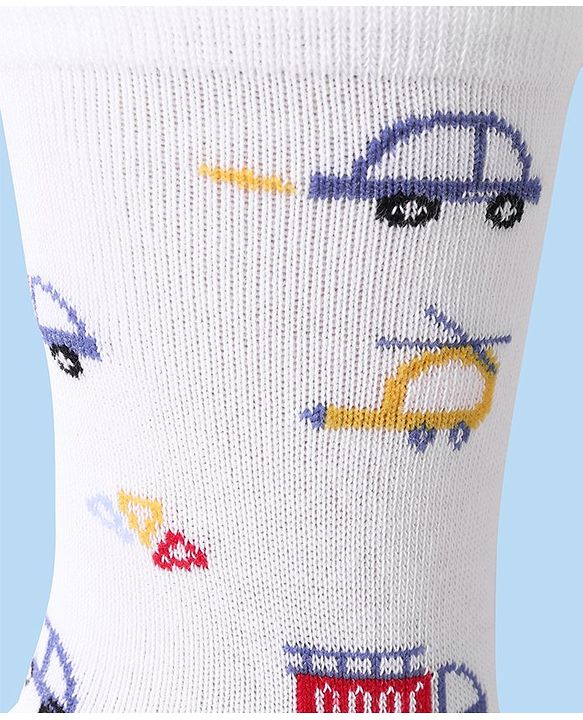 Cute Walk by Babyhug Cotton Lycra Knit Anti-bacterial Socks Strips & Cars Design Pack of 3 - Navy Blue & White