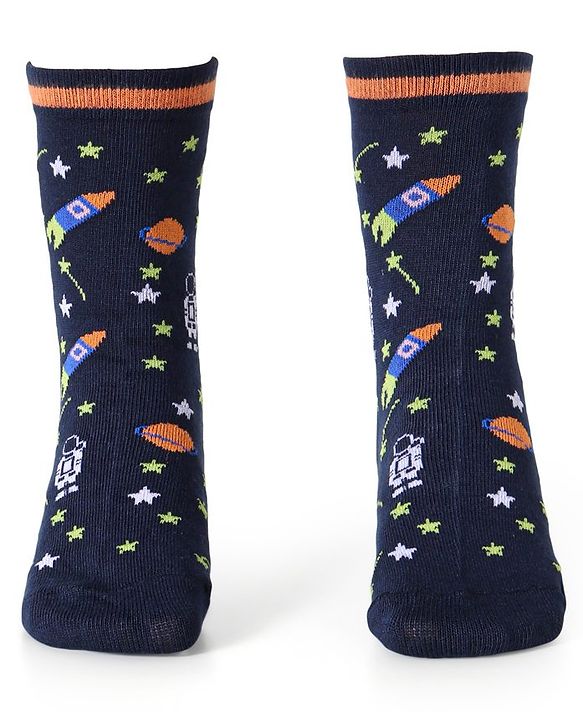 Cute Walk by Babyhug Cotton Lycra Knit Anti-bacterial Socks Strips Stars & Astronaut Design Pack of 3 - Blue Black & Gray