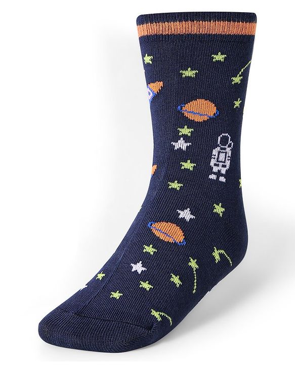 Cute Walk by Babyhug Cotton Lycra Knit Anti-bacterial Socks Strips Stars & Astronaut Design Pack of 3 - Blue Black & Gray
