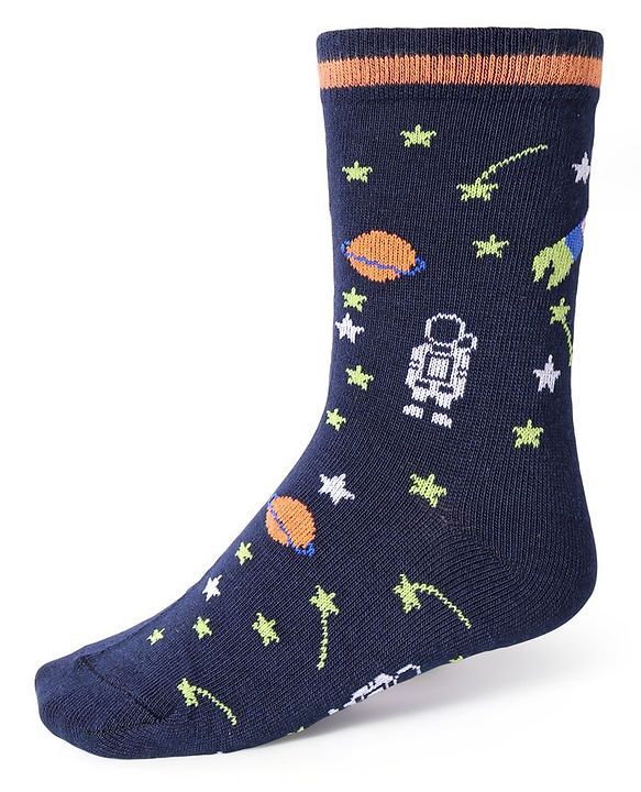 Cute Walk by Babyhug Cotton Lycra Knit Anti-bacterial Socks Strips Stars & Astronaut Design Pack of 3 - Blue Black & Gray