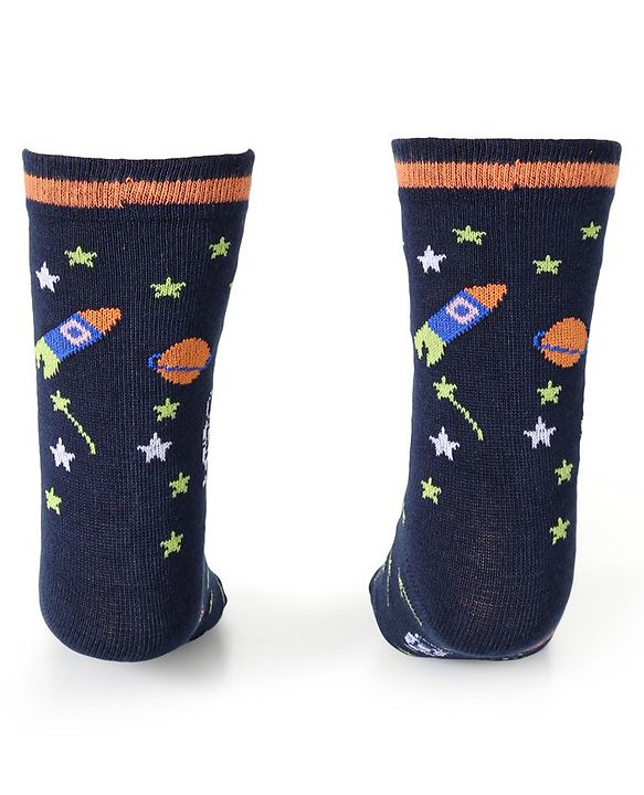 Cute Walk by Babyhug Cotton Lycra Knit Anti-bacterial Socks Strips Stars & Astronaut Design Pack of 3 - Blue Black & Gray