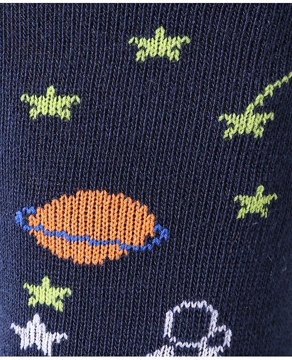 Cute Walk by Babyhug Cotton Lycra Knit Anti-bacterial Socks Strips Stars & Astronaut Design Pack of 3 - Blue Black & Gray