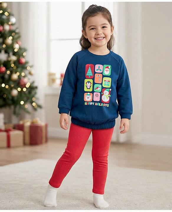 Babyhug Cotton Knit Full Sleeves Top & Leggings Set With Christmas Theme Print - Navy & Red