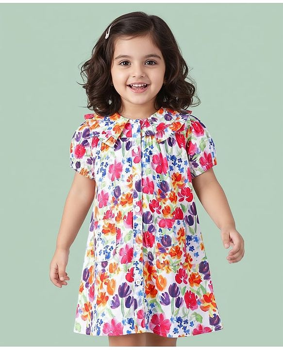 Babyhug Cotton Woven Half Sleeves Frock With Floral Print & Peter Pan Collar - White