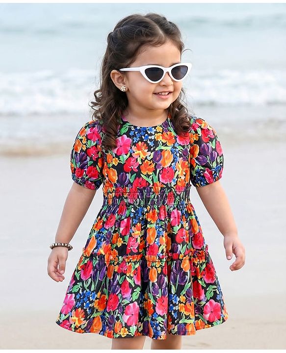 Babyhug Cotton Woven Half Sleeves Floral Printed Frock - Navy Blue