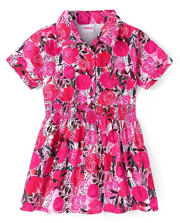 Babyhug Cotton Woven Half Sleeves Floral Printed Frock - Dark Pink